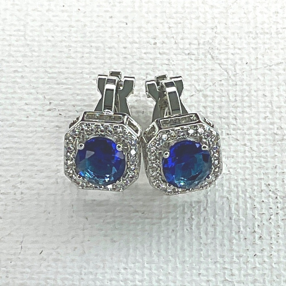 Earrings Silver Tone Blue Crystal Halo Clip-on Minimalist Elegant New